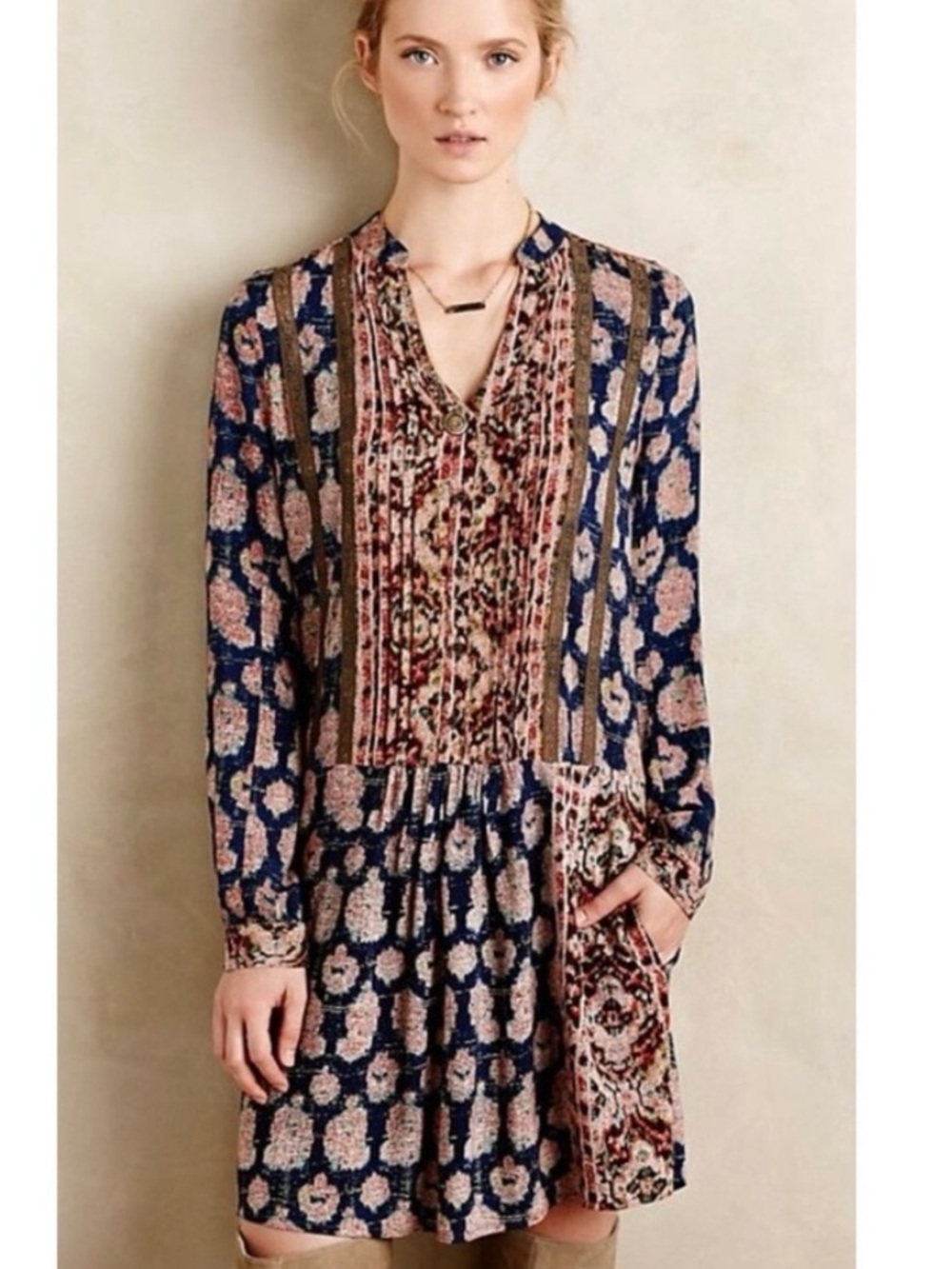 Anthropologie TINY Paquerette Shirt Dress Tunic Mini Dress Floral Lace Size Lg